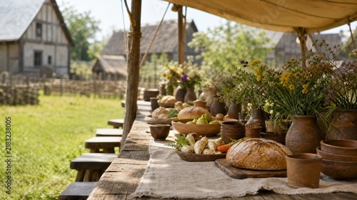 Rustic Medieval Village Feast Prepared Under a Canopy