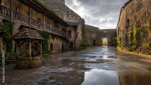 Medieval Castle Courtyard After Rain with Ivy and Reflections