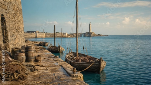 Medieval Coastal Harbor with Wooden Sailing Boats
