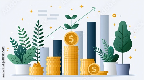 Golden coins stacked high with growing plants and ascending graph symbolizing financial growth and investment success