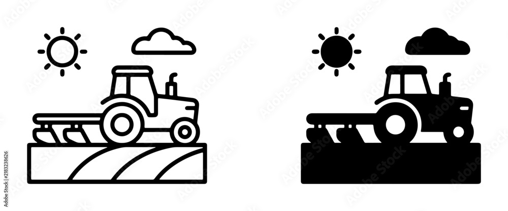 Fototapeta premium Tractor Plowing Field, Agricultural Scene Icons: Line Art and Silhouette, Sunny Day, Rural Farming Concept