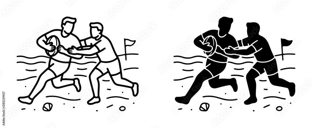 Fototapeta premium Beach Rugby Action, Two Men Competing in Sport, Dynamic Sports Illustration, Outdoor Athletic Game, Summer Recreation Vector