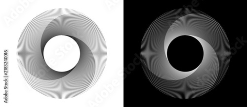 Konstfotografi Spiral made of thin lines of varying thickness in three segments forming a circle, shown in two color variants, black on white and white on black background