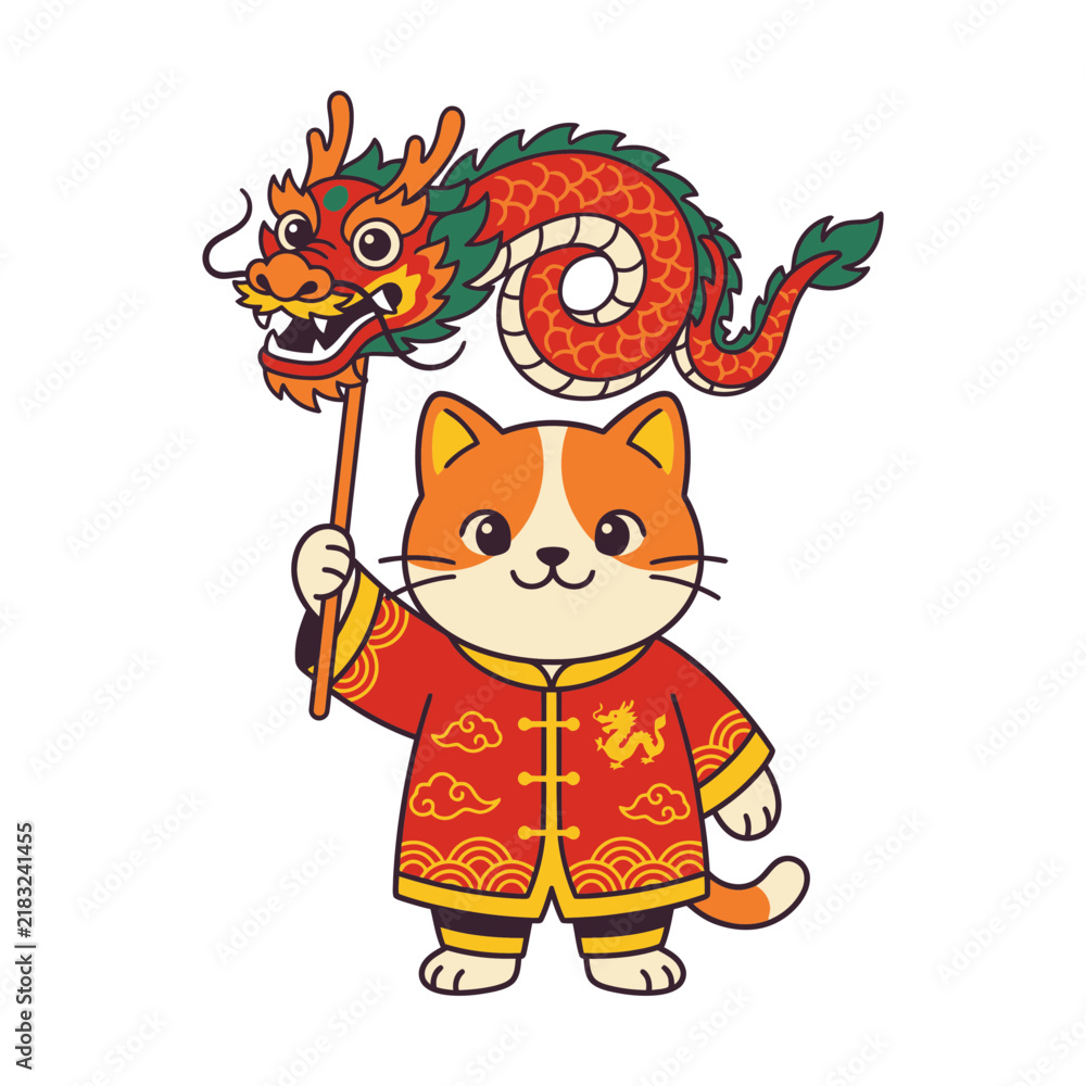 Fototapeta premium Cute cat with Chinese dragon puppet, isolated