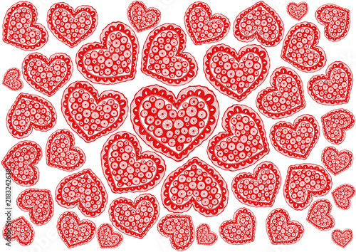 Fotografie Red hearts with white designs are arranged across a white background