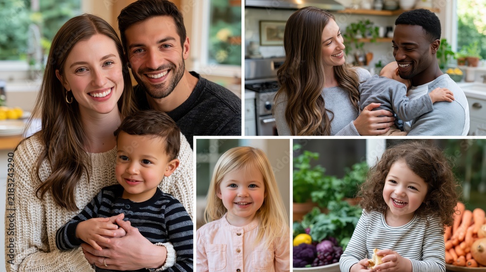 Fototapeta premium Diverse family with young children sharing joyful moments in a bright modern kitchen setting