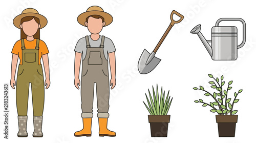 Gardeners gardening tools and potted plants in a flat vector illustration