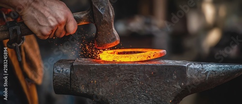 Fototapeta Blacksmith forging a glowing metal horseshoe.