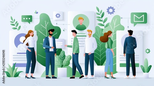 Diverse professionals interacting with digital profiles and data in a modern office setting with flat design elements