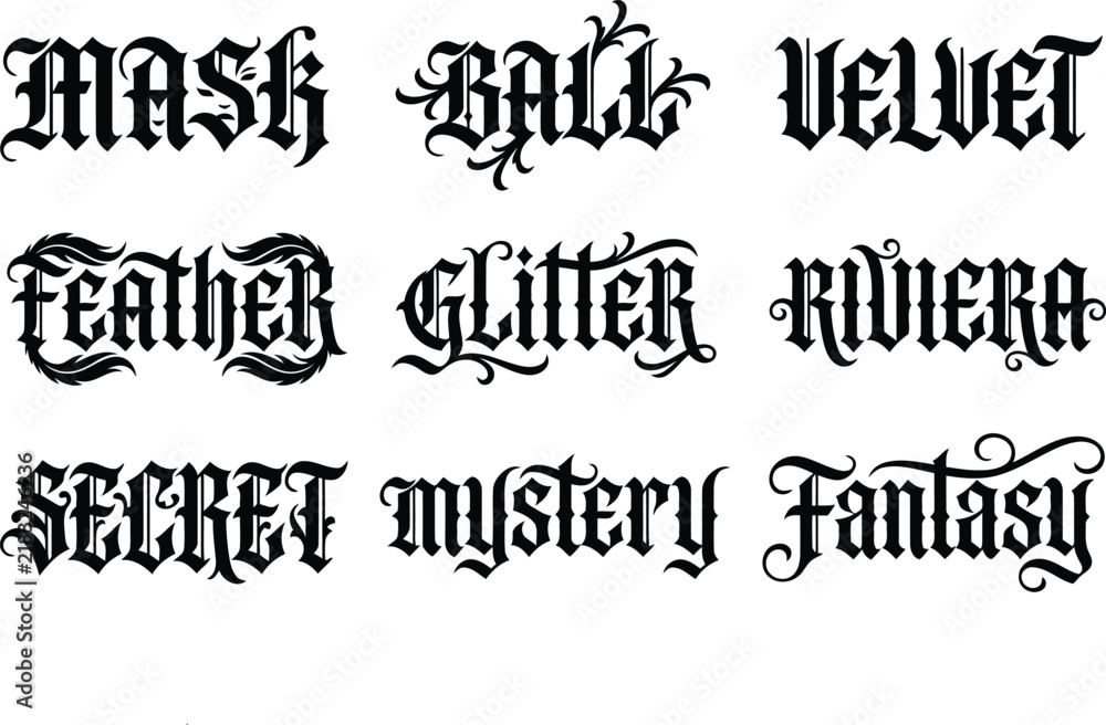 Obraz premium Nine mysterious and fantasy related words in black gothic calligraphy font with decorative flourishes on a plain white background