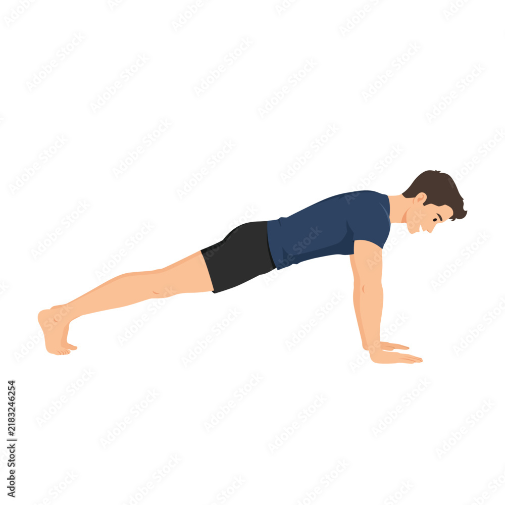 Obraz premium Man Performing Plank Phalakasana Exercise. Flat vector illustration isolated on white background
