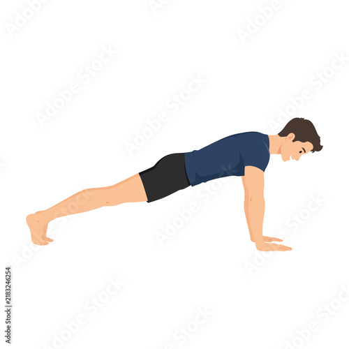 Man Performing Plank Phalakasana Exercise. Flat vector illustration isolated on white background