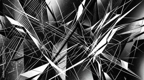 Abstract geometric sharp lines and halftone shards in black and white