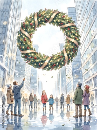 Crowd photographing a huge Christmas wreath suspended over a city street
