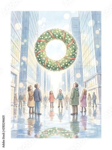 Big decorated wreath floating between skyscrapers as pedestrians walk below