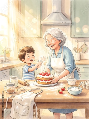 Grandmother and grandson baking a berry cake together in a cozy kitchen