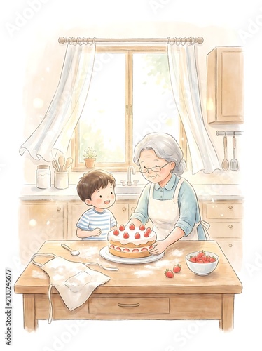 Grandma and her grandchild decorating a strawberry cake by the window