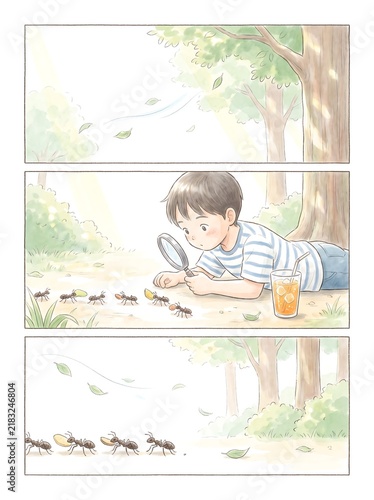 Three-panel illustration of a boy observing an ant colony in the grass