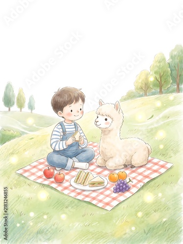 Boy sharing a picnic on a checkered blanket with his fluffy white cat