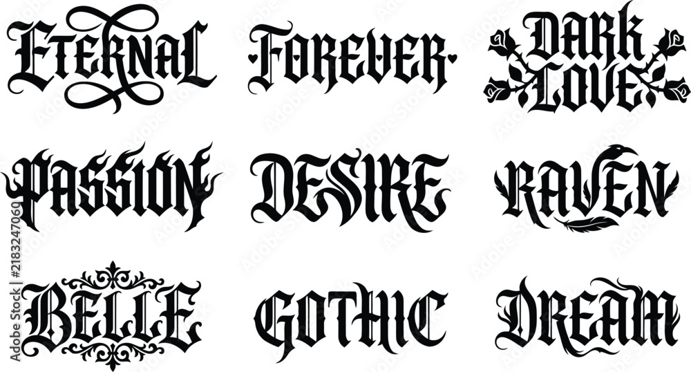 Obraz premium Gothic themed words collection featuring dark romantic concepts like eternal forever dark love passion desire raven belle gothic dream text