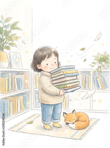 Boy hugging an armful of books with a fox curled at his feet