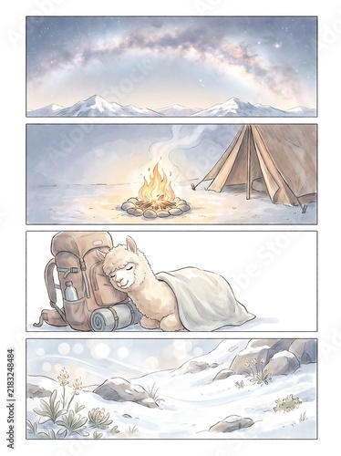 Five-panel storyboard of an alpaca camping trip under the stars