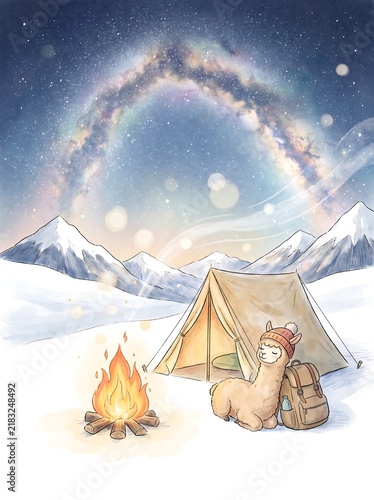 Alpaca keeping warm beside a campfire under the winter stars