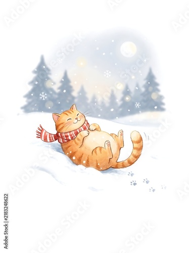 Cat in a cozy scarf rolling down a moonlit snowy slope