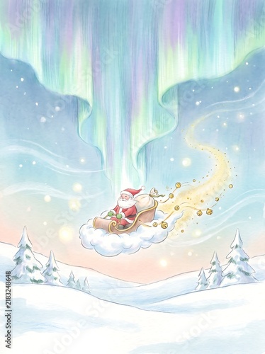 Santa's sleigh trailing golden stardust under the dancing aurora