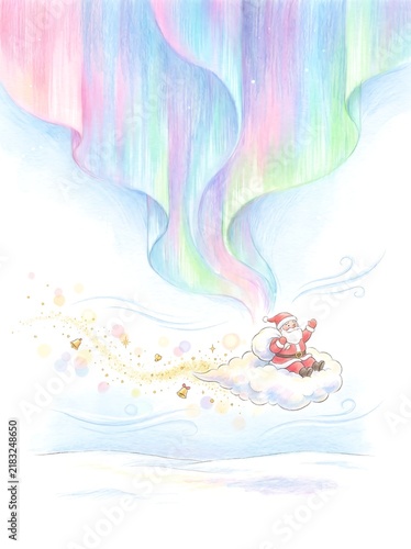 Santa delivering gifts under a pastel aurora in a winter wonderland