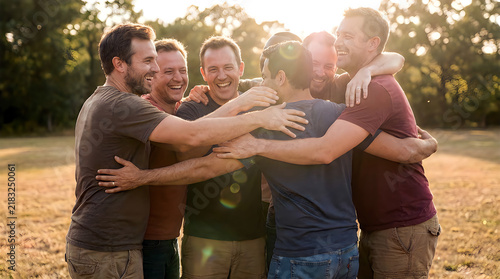 Group of diverse male friends sharing warm embrace in sunny autumn park outdoors.