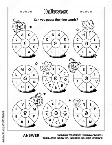 Halloween word puzzle (English language) with themed words  written around: Can you guess the nine words? Black and white. Answer included.
