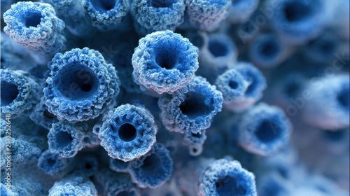 close up of a bunch of blue bacteria. The bacteria are in a blue color and are spread out in the image, close up of 3d microscopic blue bacteria