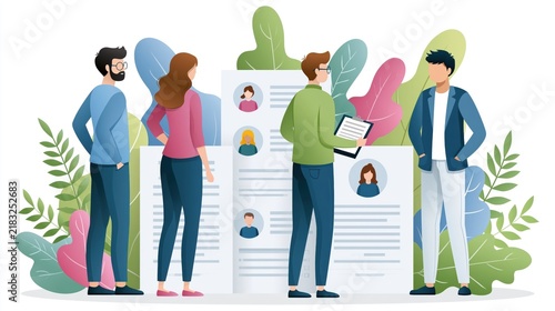 Diverse team reviewing candidate profiles with a large resume board and decorative foliage in a modern office setting