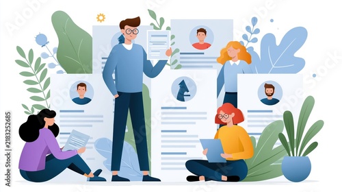 Diverse team reviewing resumes during a recruitment process with leafy plants and profile cards in a flat design style