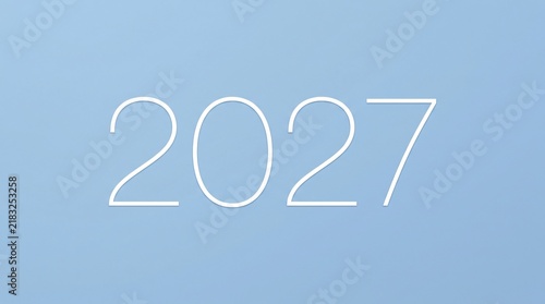 2027 year number typography photo design. Minimalist white digits spelling the upcoming year. Clean light blue background. Creative concept for future planning and corporate strategy