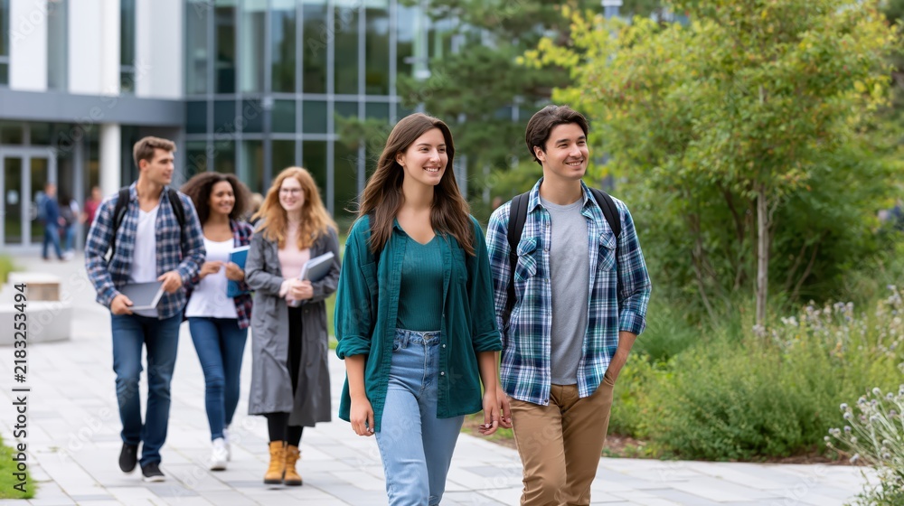 Fototapeta premium Diverse group of young adults walking outdoors during daytime with modern building background and lush greenery