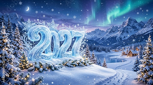 New Year 2027 celebration banner. Frozen ice numbers 2027 in a magical winter wonderland landscape. Glowing aurora borealis in the night sky. Snowy mountains and glowing pine trees