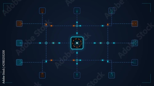 HUD futuristic technology interface with glowing nodes and connecting data lines