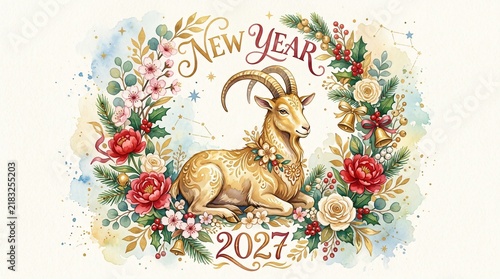 New Year 2027 greeting card watercolor illustration featuring a golden goat zodiac symbol surrounded by festive floral wreath red peonies pine branches holly berries and gold typography accents