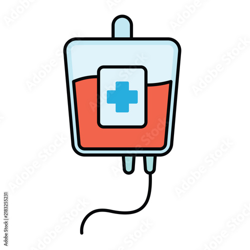 Flat icon of a medical IV blood bag filled with red liquid and featuring a blue cross, isolated on white.