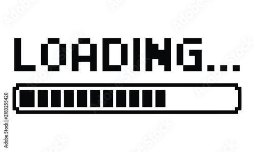Retro pixel art loading screen with black 8-bit text and progress bar on flat white background for a nostalgic digital gaming feel.