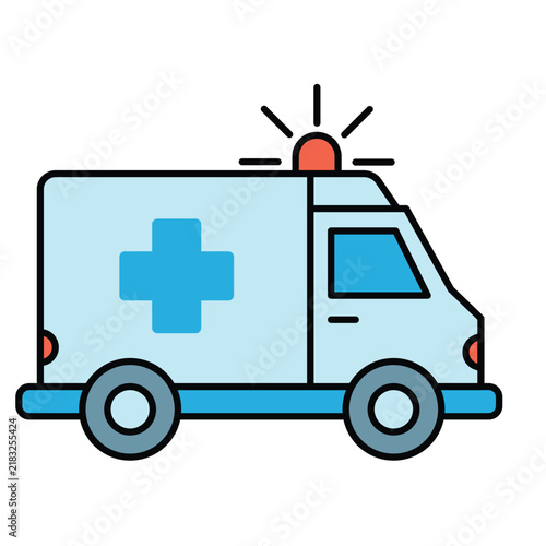 Flat icon of a light blue medical ambulance vehicle with a cross emblem and flashing siren, isolated on white.