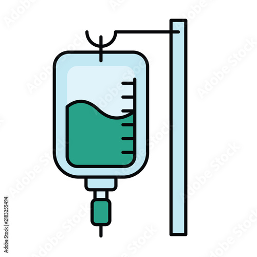Flat icon of an IV drip bag filled with green medical fluid hanging on a stand, isolated on a white background.