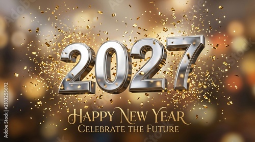 Happy New Year 2027 celebration background with silver digits and falling golden confetti. Festive bokeh lights and typography. Luxury greeting card for holiday events and digital invitations