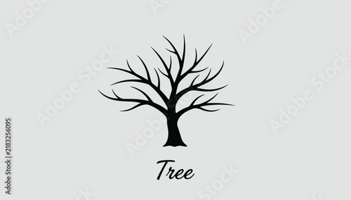 Detailed bare winter tree with spreading branches shown without leaves on a light grey background with hand drawn text.