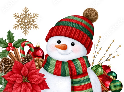 Christmas snowman wearing hat and scarf with festive decorations