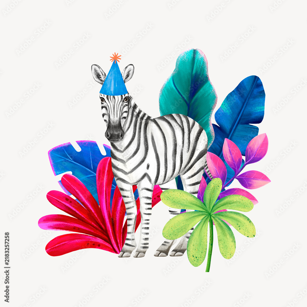 Fototapeta premium Birthday zebra collage element, cute animal illustration
