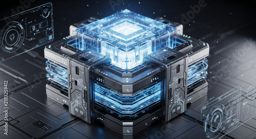 Obraz na płótnie A glowing central processing unit displays intricate hardware components inside a complex metallic container structure as advanced computing technology functions within the core of this