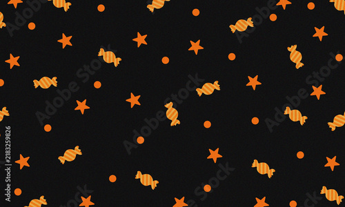 Seamless halloween pattern with orange candies, stars, and polka dots on a black background